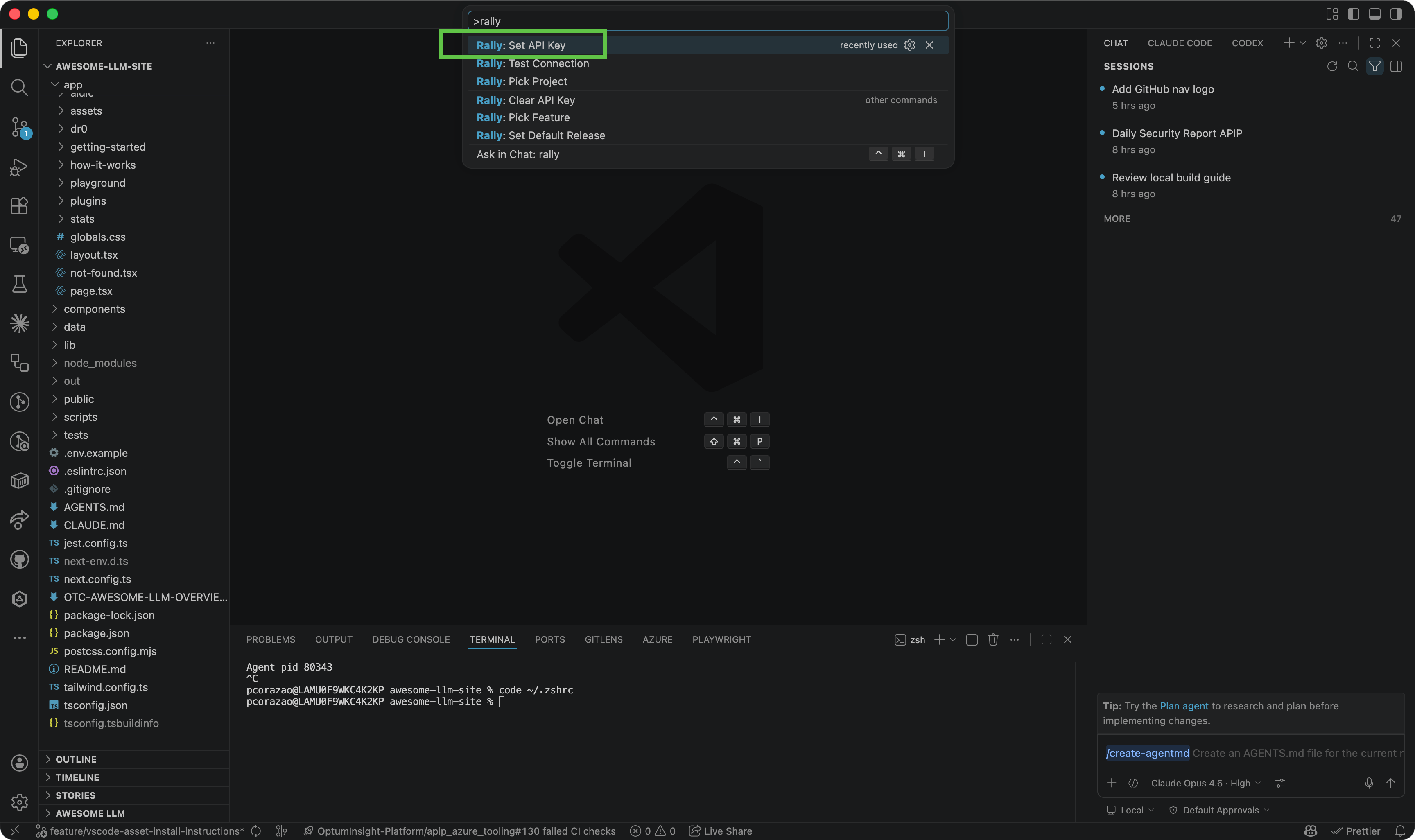 VS Code Command Palette showing Rally commands with Set API Key highlighted